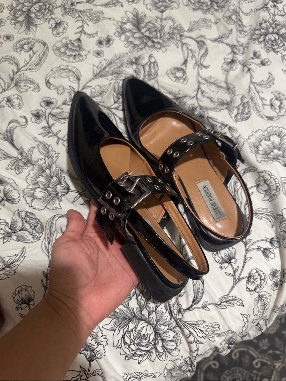 Steve Madden Black Patent Pointed Slingback Flats with Buckle Strap